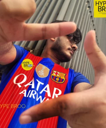 Model wearing Barcelona 2016-17 Nike home jersey – official kit