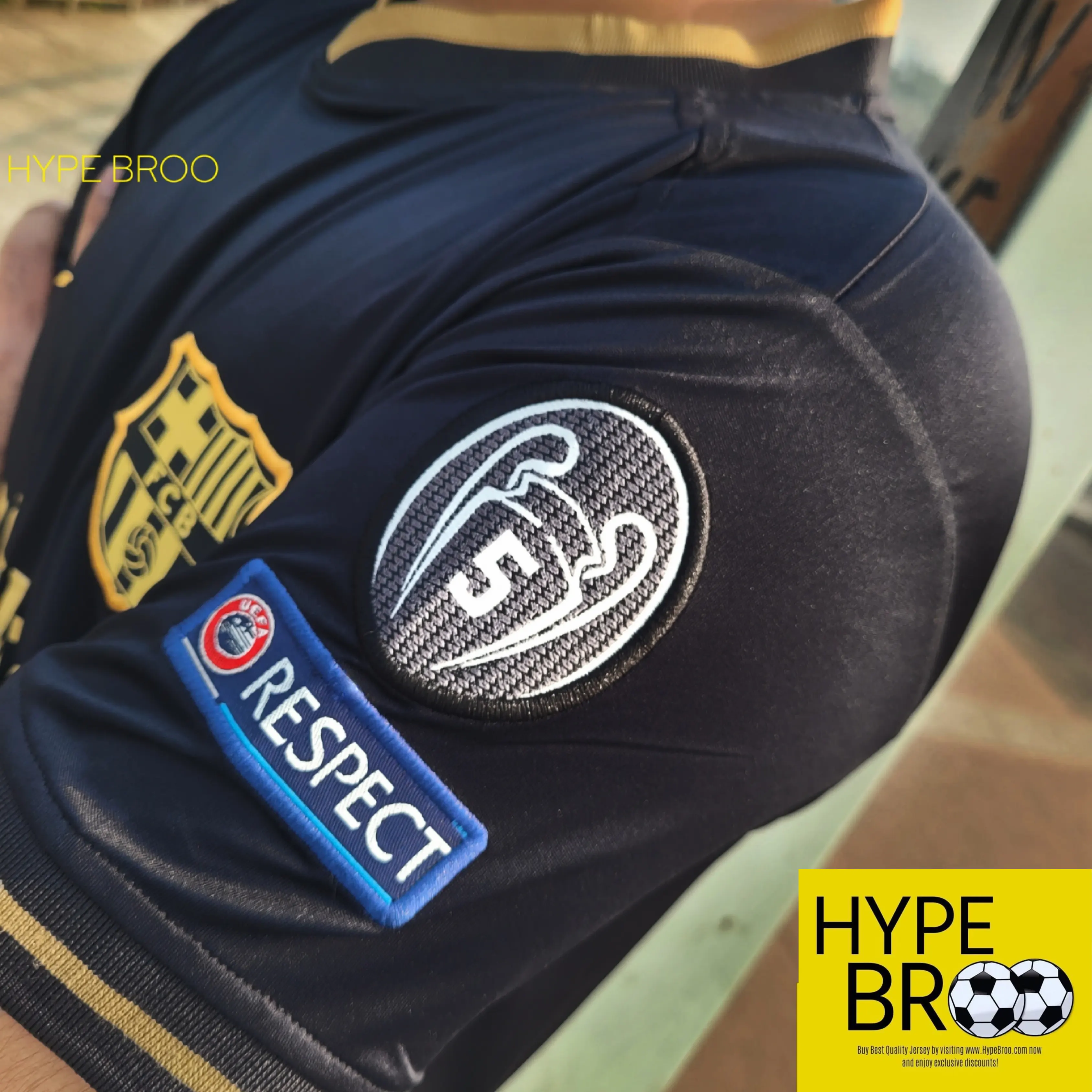 Barcelona 2020-21 away jersey with UCL 5th title patch and Respect badge