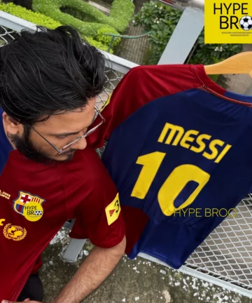 Model wearing Barcelona 2008-09 home jersey front view with Messi 10 jersey on hanger back view