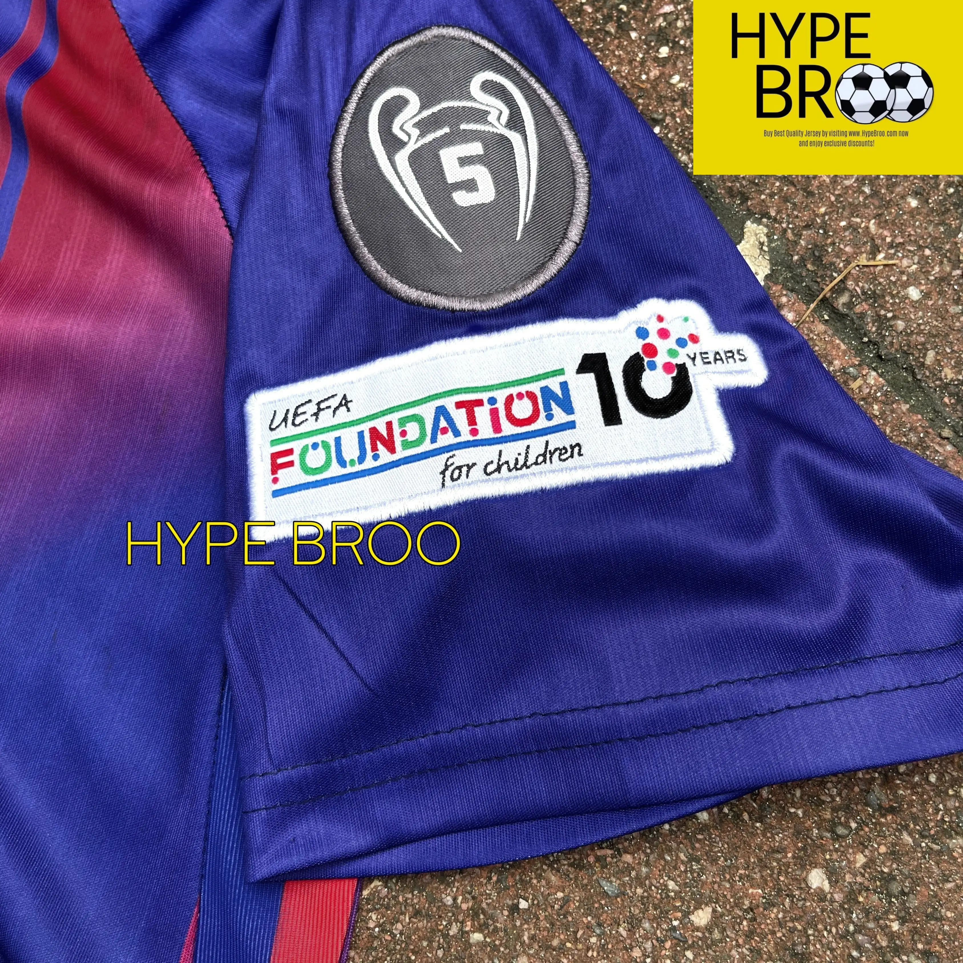 Barcelona 2025-26 home jersey with 5th UCL champion patch and UEFA Foundation 10 Years patch
