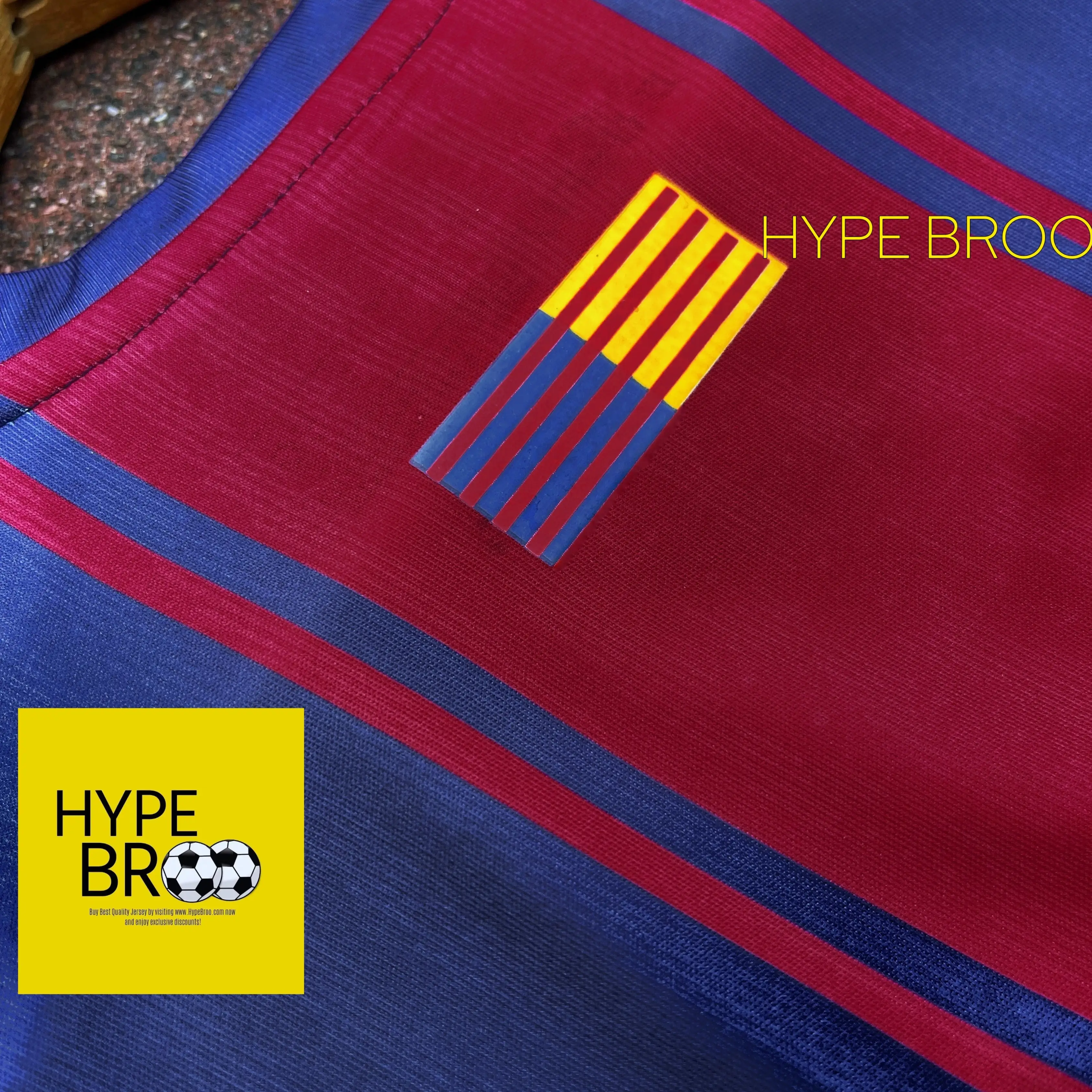 Close-up zoom of Barcelona flag detail on the backside of the 2025-26 home jersey