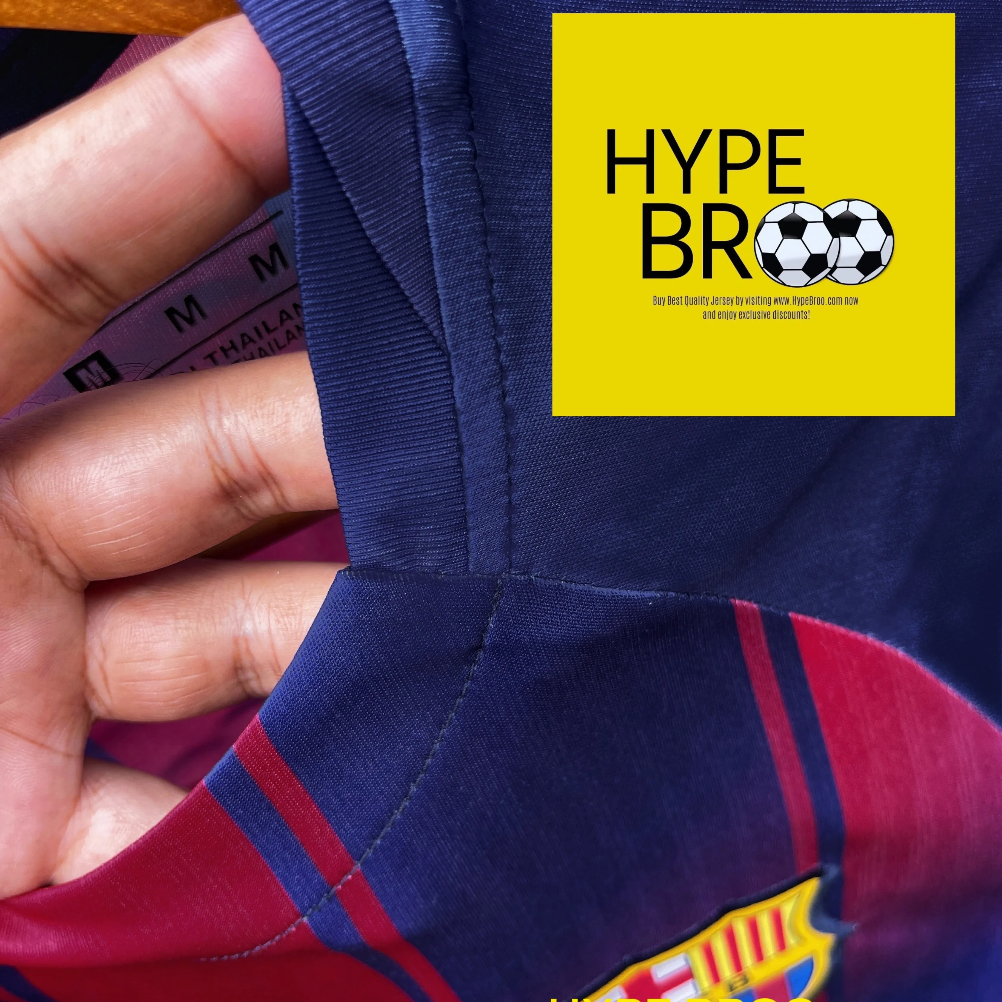 Zoom close-up of official Nike collar cutting on Barcelona 2025-26 home jersey