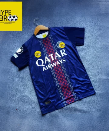 PSG 2025-26 home jersey front view laid on carpet with hanger