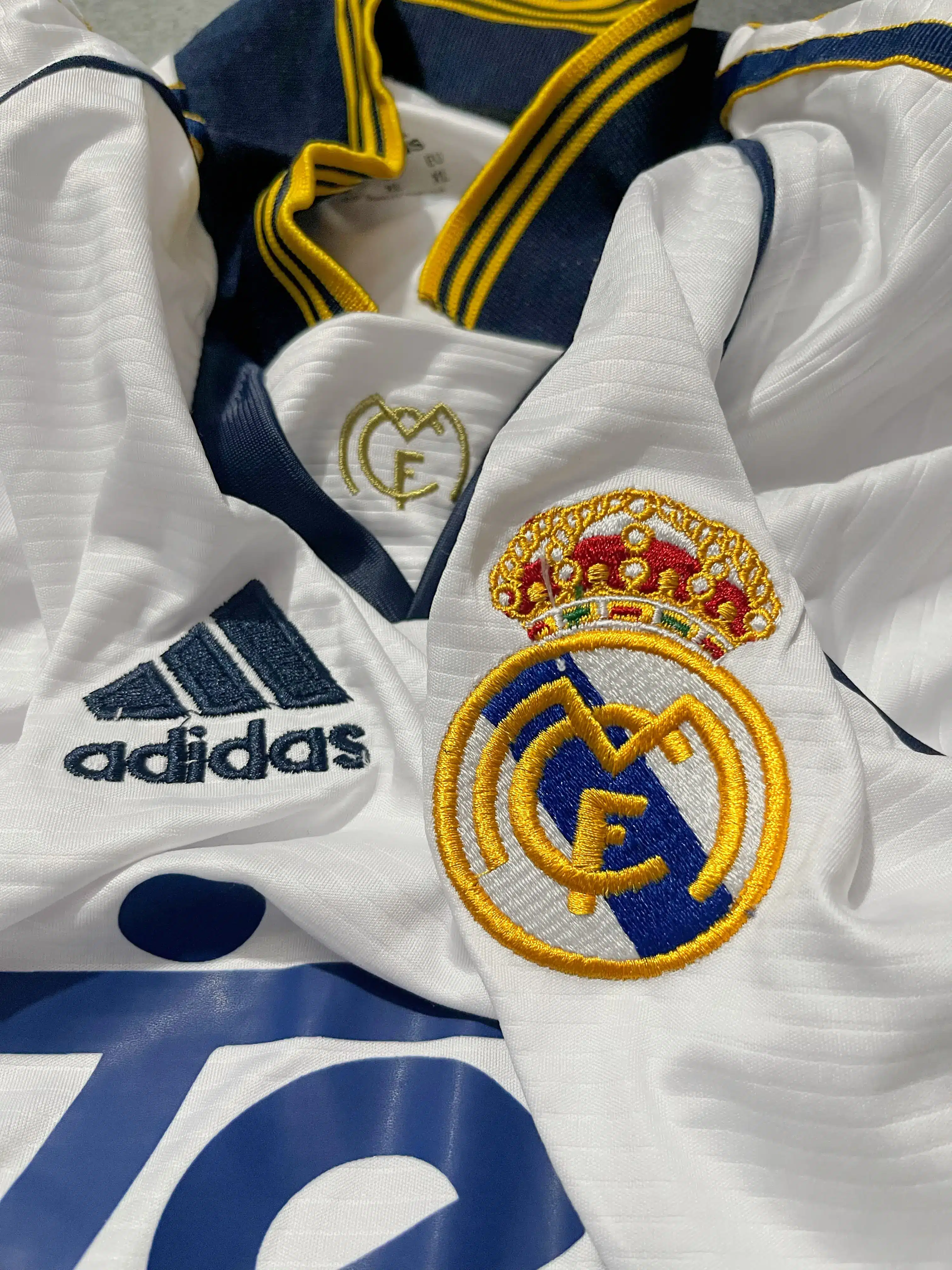 Real Madrid 1998/99 Home Kit Adidas Logo and Club Crest Embroidery