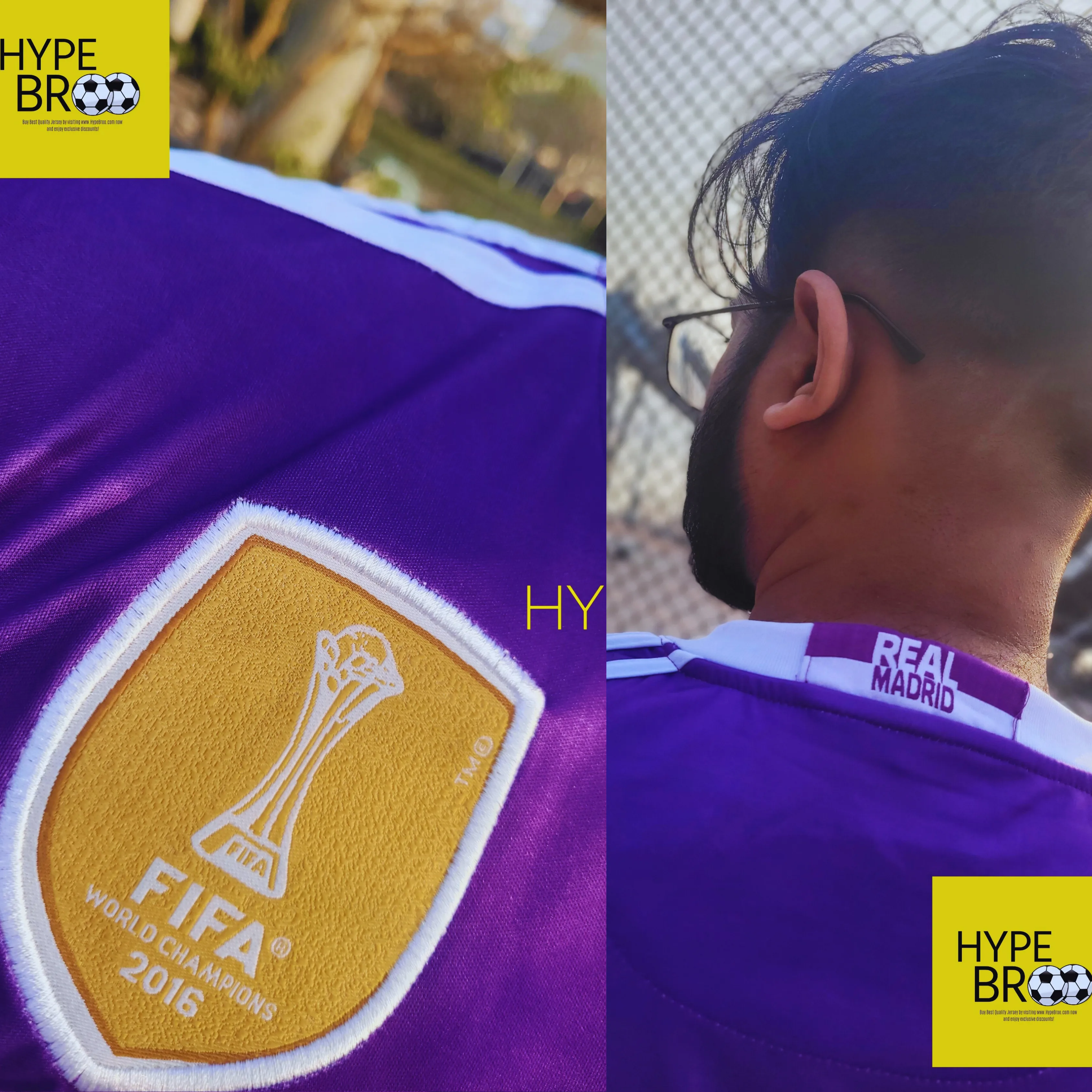 FIFA World Cup Champions patch and Real Madrid text on back of 2016-17 purple away kit