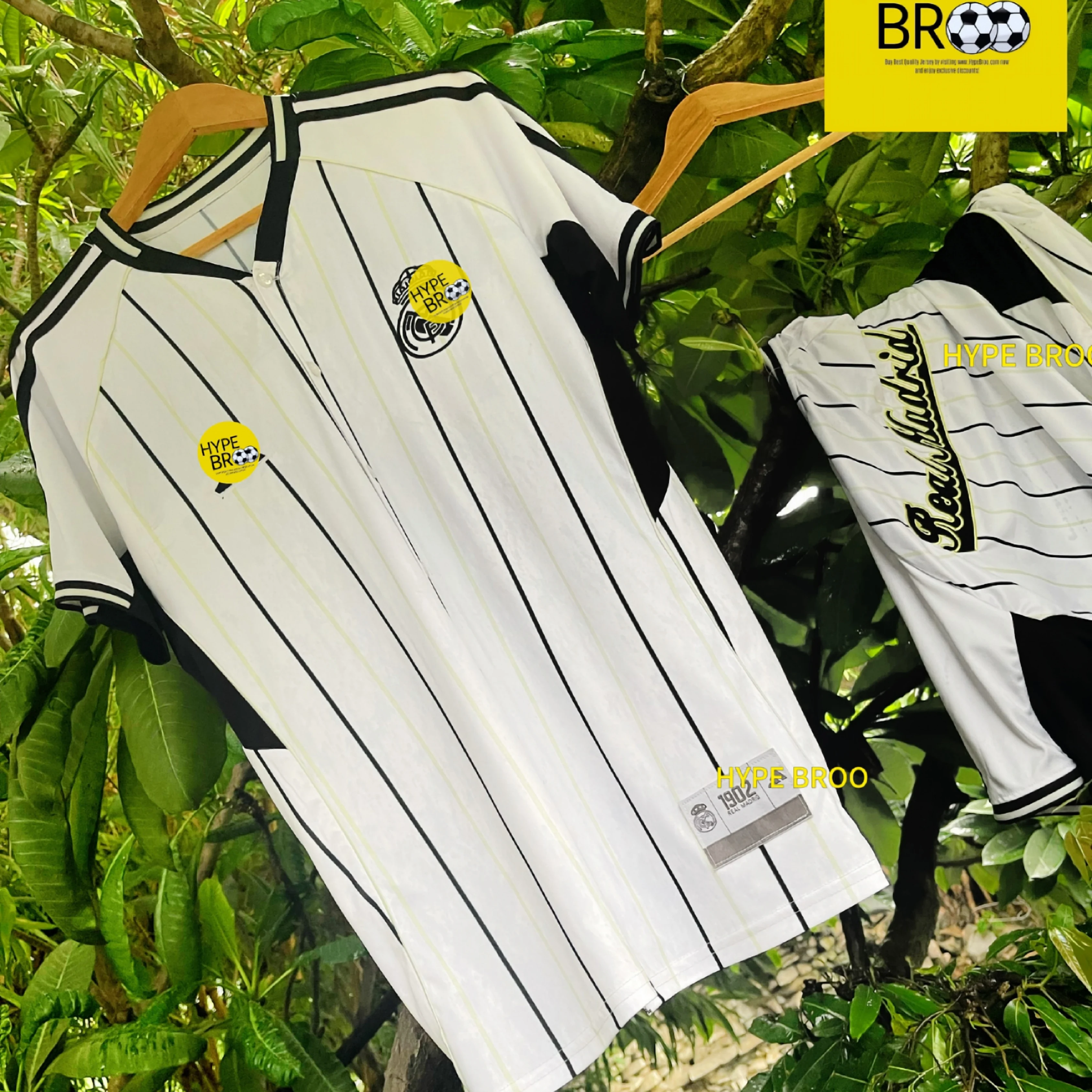 Real Madrid travel kit shirt front and back hanging on tree branch